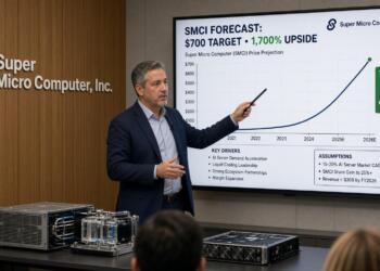 Ejecutivo señala un gráfico de proyección de precios de Super Micro Computer en pantalla.