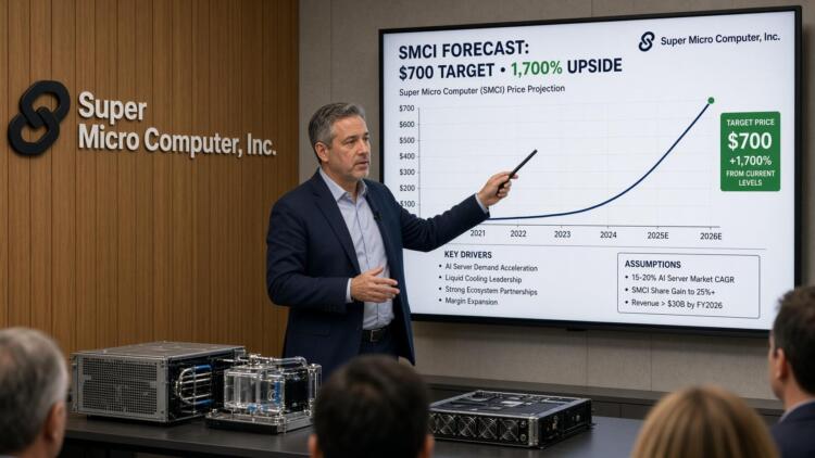 Ejecutivo señala un gráfico de proyección de precios de Super Micro Computer en pantalla.