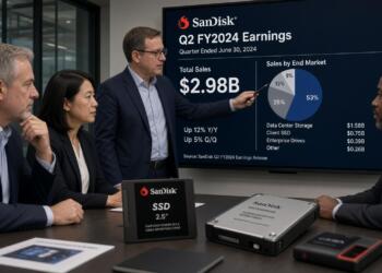 Ejecutivo de SanDisk señala gráficos de ventas trimestrales ante colegas en una mesa.