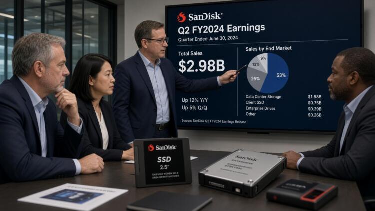 Ejecutivo de SanDisk señala gráficos de ventas trimestrales ante colegas en una mesa.