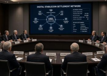 Banqueros en una mesa de juntas observan una pantalla sobre una red de stablecoin digital.