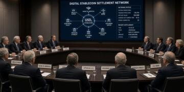 Banqueros en una mesa de juntas observan una pantalla sobre una red de stablecoin digital.