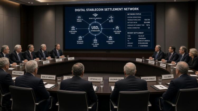 Banqueros en una mesa de juntas observan una pantalla sobre una red de stablecoin digital.