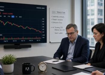 Reunión de ejecutivos de Adobe frente a una pantalla con gráficos bursátiles y datos.