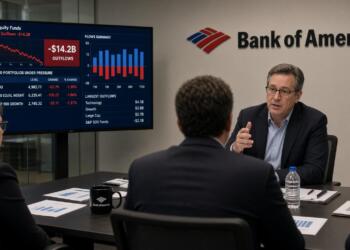 Reunión de ejecutivos de Bank of America frente a una pantalla con datos bursátiles.