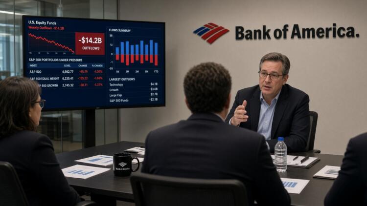 Reunión de ejecutivos de Bank of America frente a una pantalla con datos bursátiles.