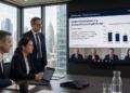 Tres ejecutivos en una sala de juntas observan una pantalla con datos de Blackstone.