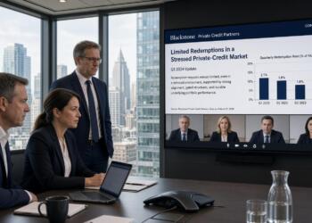 Tres ejecutivos en una sala de juntas observan una pantalla con datos de Blackstone.