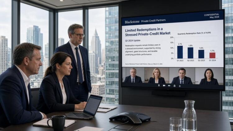 Tres ejecutivos en una sala de juntas observan una pantalla con datos de Blackstone.