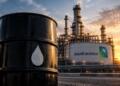Barril de petróleo frente a una instalación de Saudi Aramco.