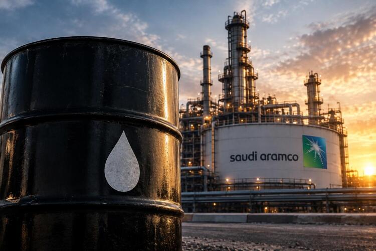 Barril de petróleo frente a una instalación de Saudi Aramco.