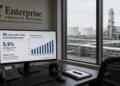 Pantalla en oficina de Enterprise muestra gráficos de rendimiento de dividendos y planta.