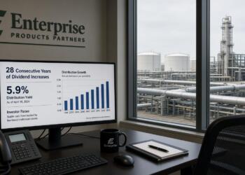 Pantalla en oficina de Enterprise muestra gráficos de rendimiento de dividendos y planta.