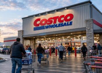 Entrada de Costco con compradores y carritos frente a la tienda