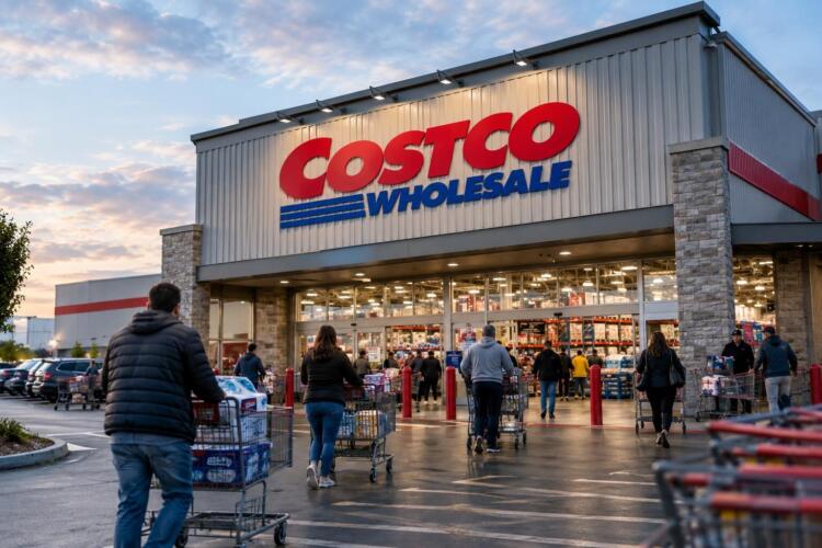 Entrada de Costco con compradores y carritos frente a la tienda