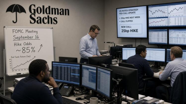Analistas de Goldman Sachs trabajan en oficina con pizarras que muestran datos de la Fed.
