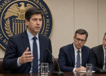 Un funcionario gesticula frente a un micrófono bajo el sello de la Reserva Federal.