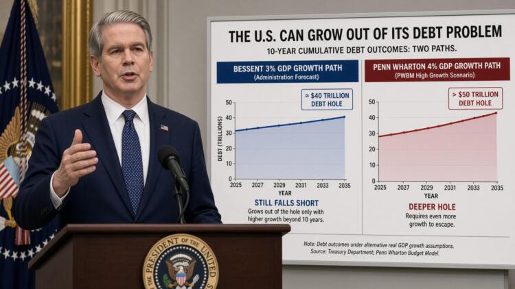 Funcionario de la Casa Blanca habla frente a gráficos sobre la deuda pública de EE. UU.