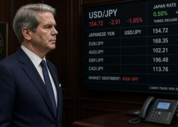 Funcionario junto a una pantalla que muestra cotizaciones del yen japonés y el dólar.