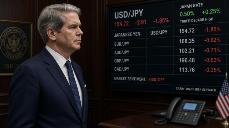 Funcionario junto a una pantalla que muestra cotizaciones del yen japonés y el dólar.