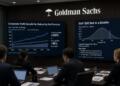 Ejecutivos de Goldman Sachs observan pantallas con gráficos sobre utilidades y el S&P 500.
