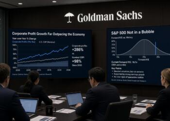 Ejecutivos de Goldman Sachs observan pantallas con gráficos sobre utilidades y el S&P 500.