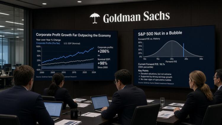Ejecutivos de Goldman Sachs observan pantallas con gráficos sobre utilidades y el S&P 500.