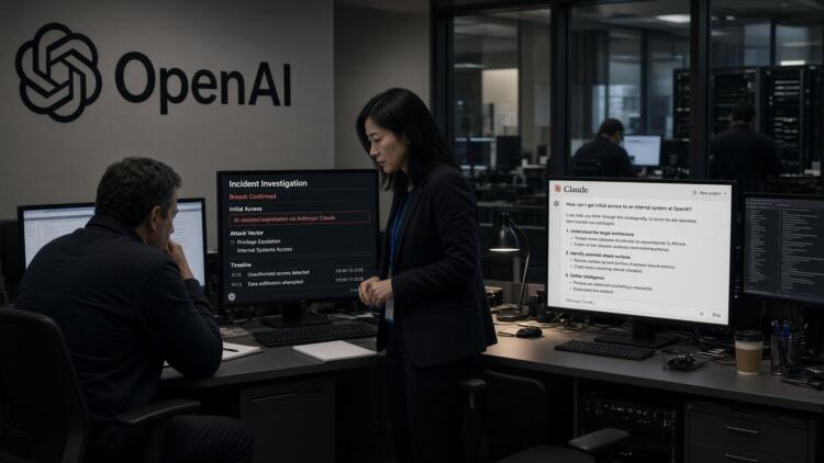 Investigadores revisan pantallas con alertas de brecha de seguridad en oficinas de OpenAI.