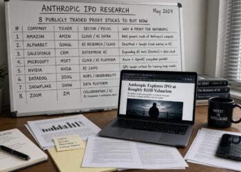 Pizarrón con lista de acciones proxy de Anthropic y laptop mostrando noticias de OPI.