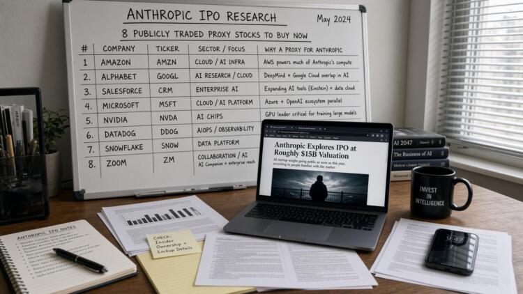 Pizarrón con lista de acciones proxy de Anthropic y laptop mostrando noticias de OPI.