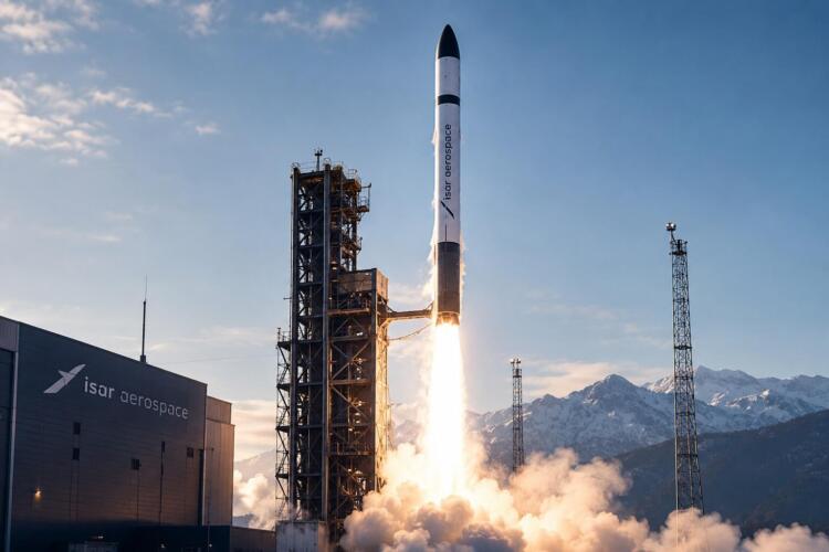 Cohete de Isar Aerospace despega junto a una torre de lanzamiento.