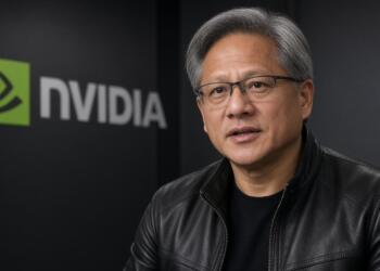 Jensen Huang, CEO de Nvidia, con su característico estilo frente al logotipo corporativo.