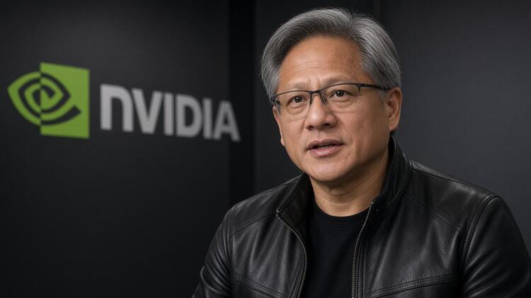 Jensen Huang, CEO de Nvidia, con su característico estilo frente al logotipo corporativo.