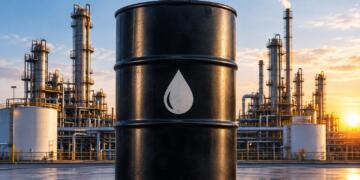 Barril de petróleo frente a una refinería industrial al atardecer.