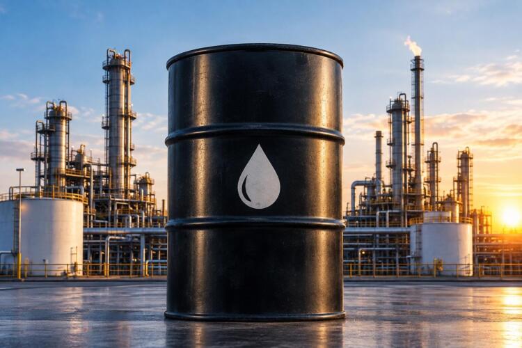 Barril de petróleo frente a una refinería industrial al atardecer.