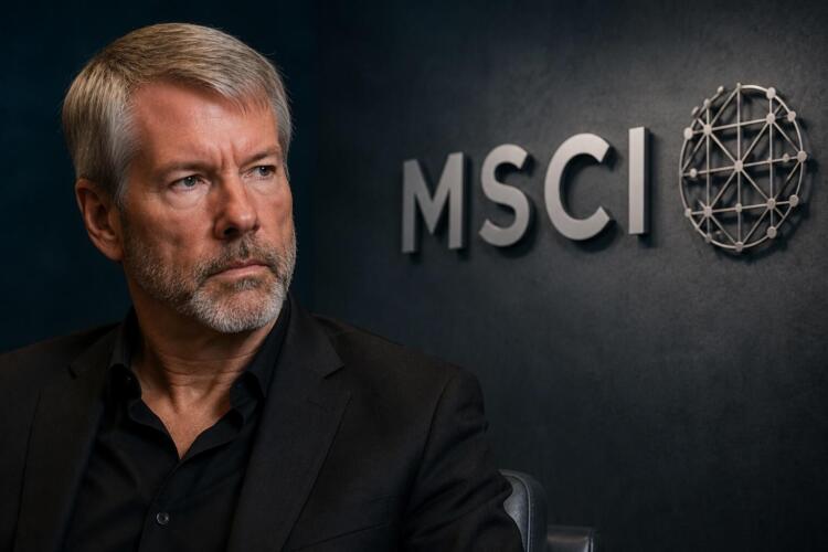 Michael Saylor junto al logo de MSCI en una composición financiera.