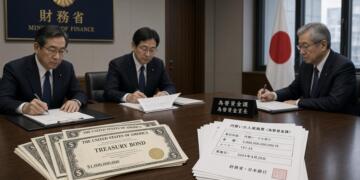 Funcionarios japoneses firman documentos financieros junto a bonos y la bandera nipona.