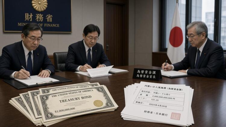 Funcionarios japoneses firman documentos financieros junto a bonos y la bandera nipona.