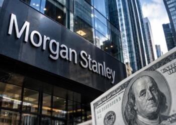 Morgan Stanley junto a un billete estadounidense de cien dólares.