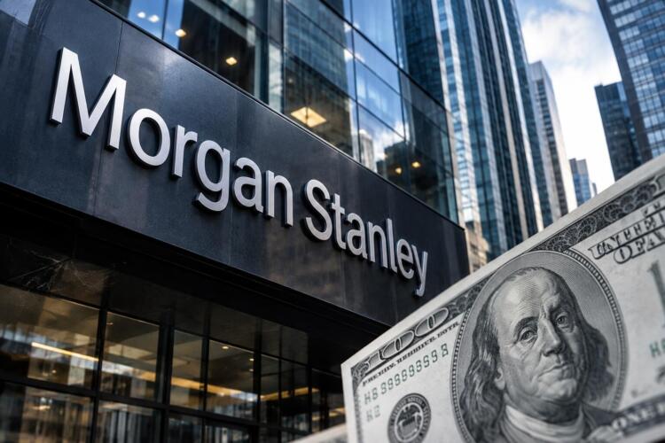 Morgan Stanley junto a un billete estadounidense de cien dólares.