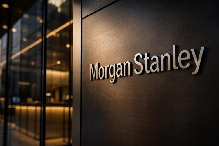 Nombre de Morgan Stanley en relieve sobre una pared corporativa.