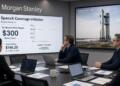 Ejecutivos de Morgan Stanley analizan datos de SpaceX frente a una pantalla con un cohete.