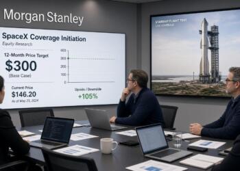 Ejecutivos de Morgan Stanley analizan datos de SpaceX frente a una pantalla con un cohete.