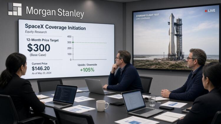 Ejecutivos de Morgan Stanley analizan datos de SpaceX frente a una pantalla con un cohete.