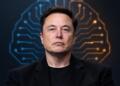 Elon Musk de frente con circuitos de inteligencia artificial al fondo.