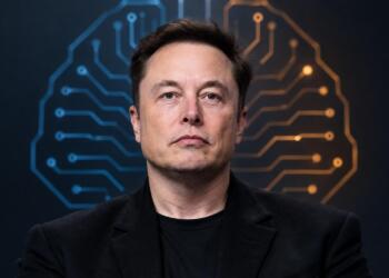 Elon Musk de frente con circuitos de inteligencia artificial al fondo.