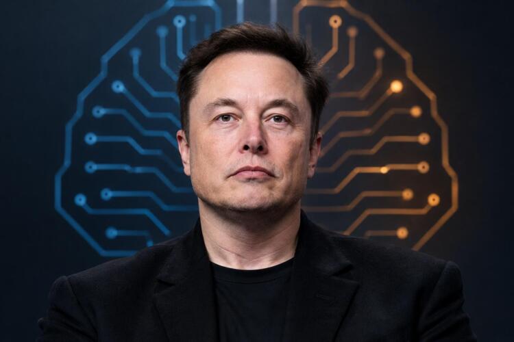 Elon Musk de frente con circuitos de inteligencia artificial al fondo.