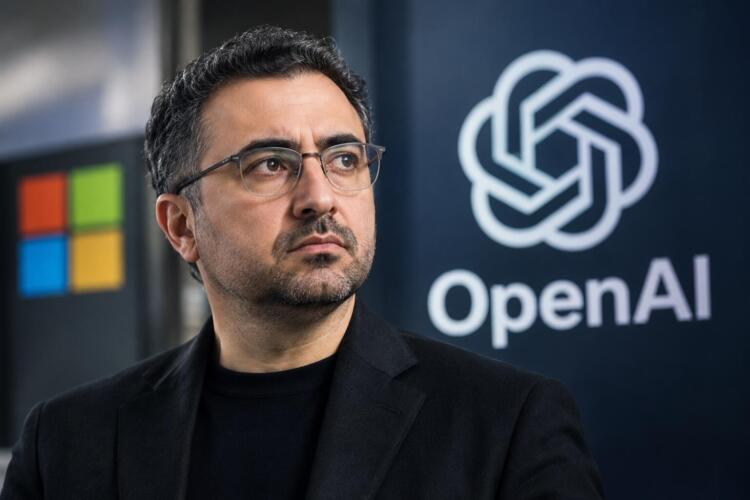 Mustafa Suleyman aparece junto a los logos de OpenAI y Microsoft.