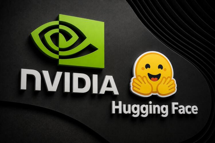 Logotipos de Nvidia y Hugging Face en una composición tecnológica.