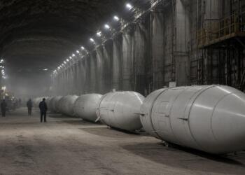 Grandes contenedores cilíndricos alineados dentro de un depósito subterráneo iluminado.